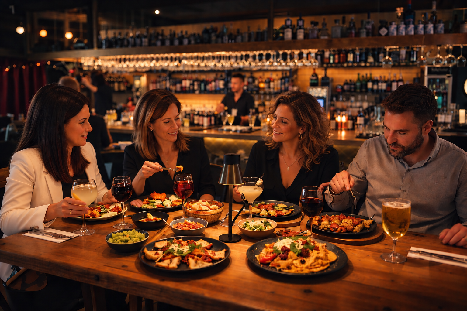 Mesa larga con invitados en Soñando y la barra al fondo